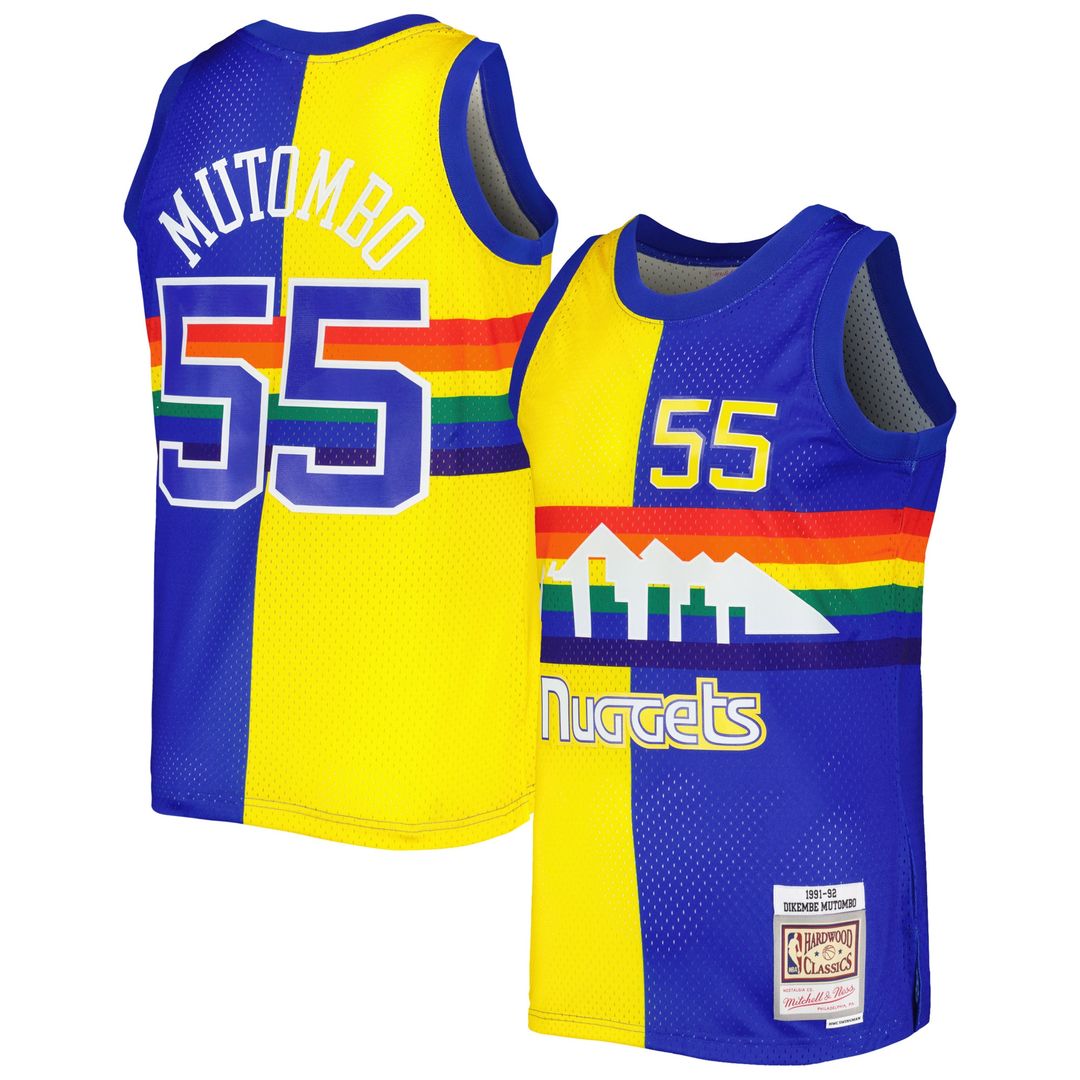 Denver Nuggets Dikembe Mutombo Mitchell & Ness Hardwood Classics 1991/92 Split Swingman Jersey - Royal/Gold Team Jersey Sports Fan Apparel