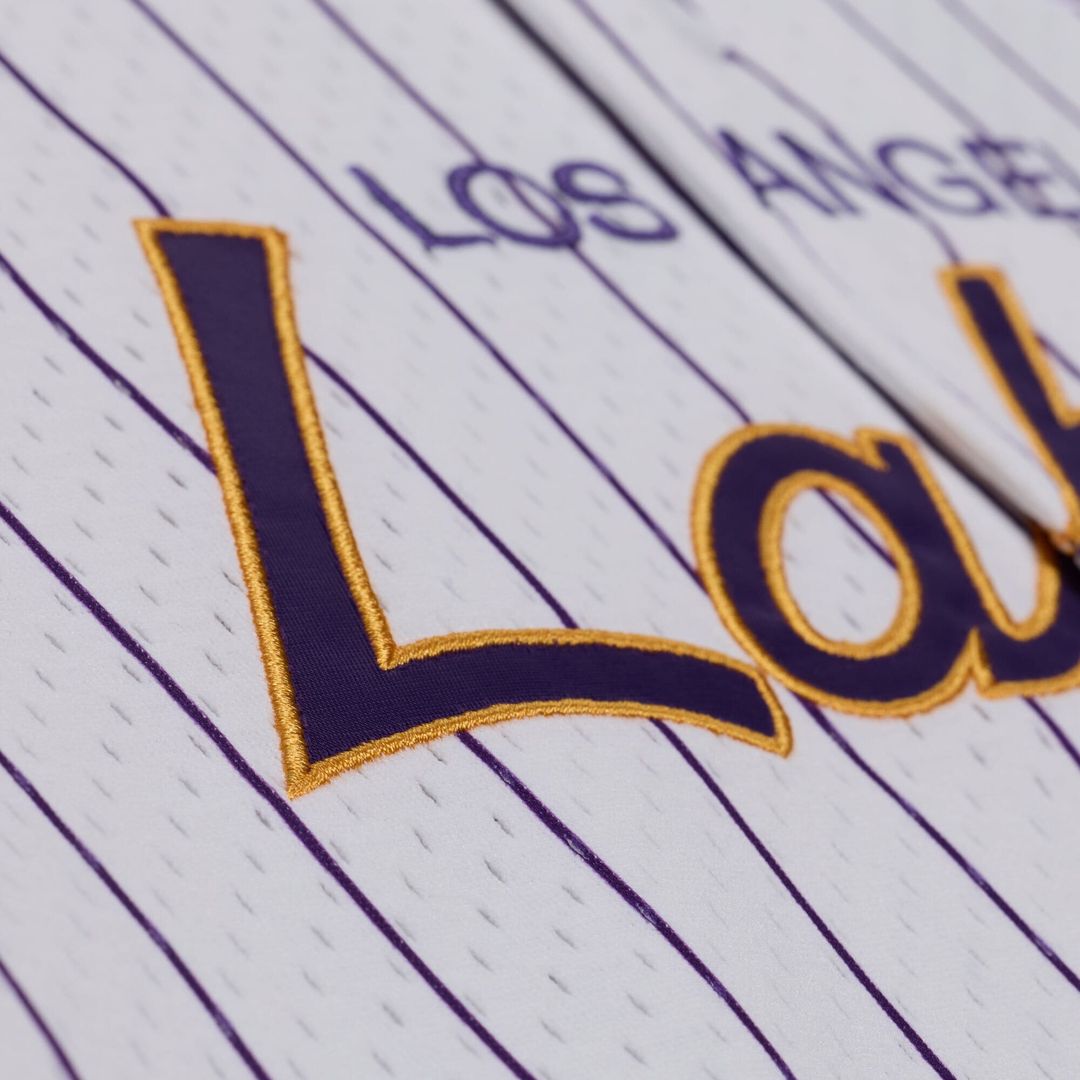 Los Angeles Lakers Mitchell & Ness Head Coach Pinstripe Mesh Full - Button Baseball Jersey - White Team Jersey Sports Fan Apparel
